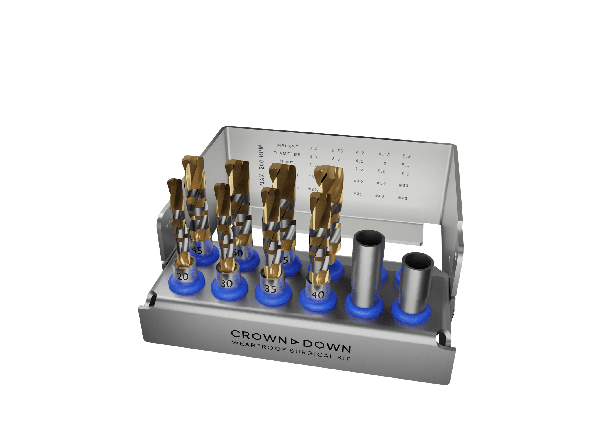 Crown Down wearproof surgical kit: open stainless steel cassette holding gold-coloured implant drills in blue silicone holders, with the drill-selection chart printed inside the lid