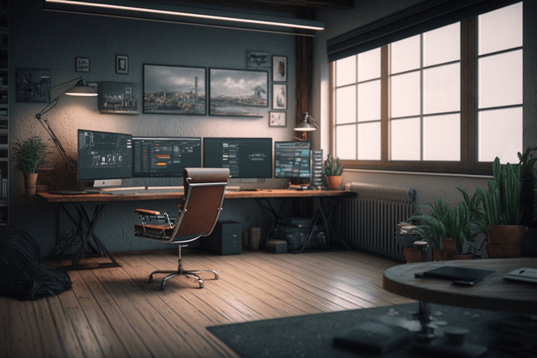 Home office with versatile seating and workspace areas